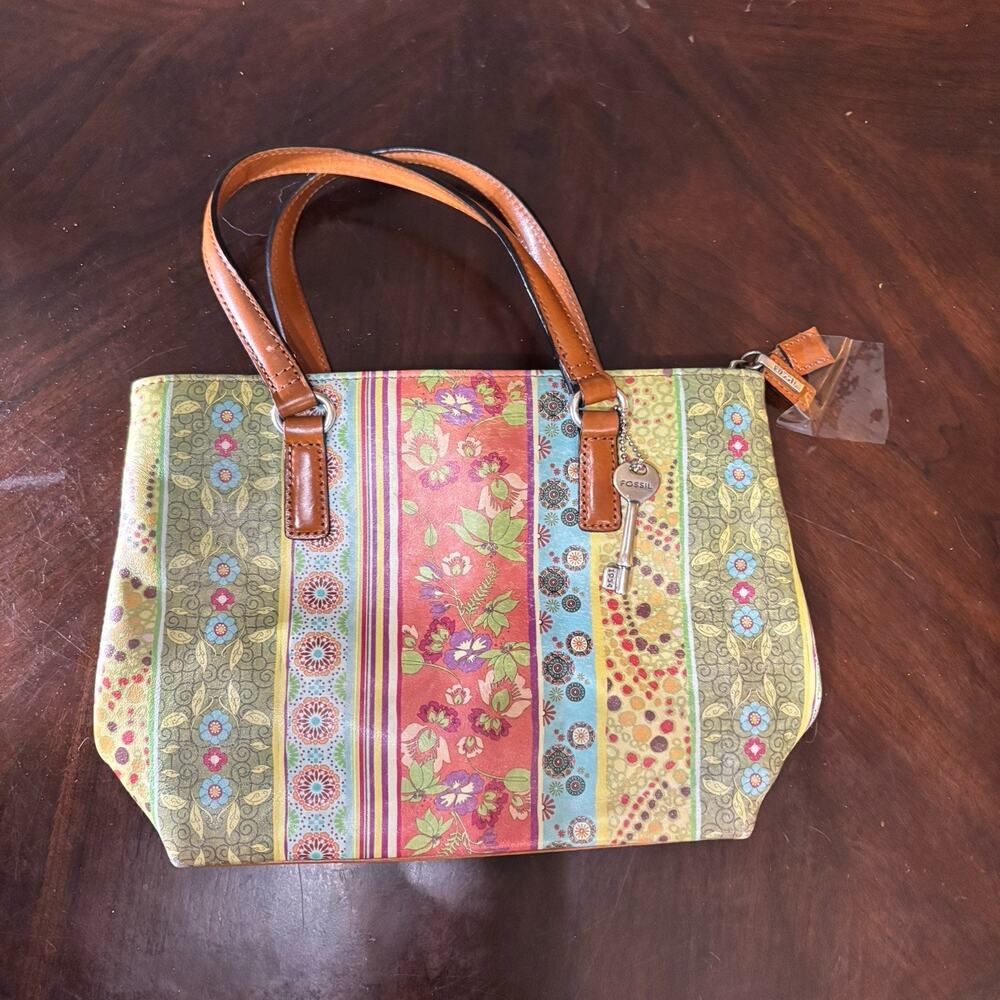 Vintage Fossil Leather Multicolor Patchwork Stitched Small Tote Bag Purse 11x8